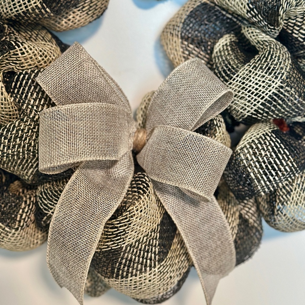 Rustic Handmade Fall Farmhouse Wreath, Black & Tan Buffalo Check with Burlap Bow - Picture 2 of 6